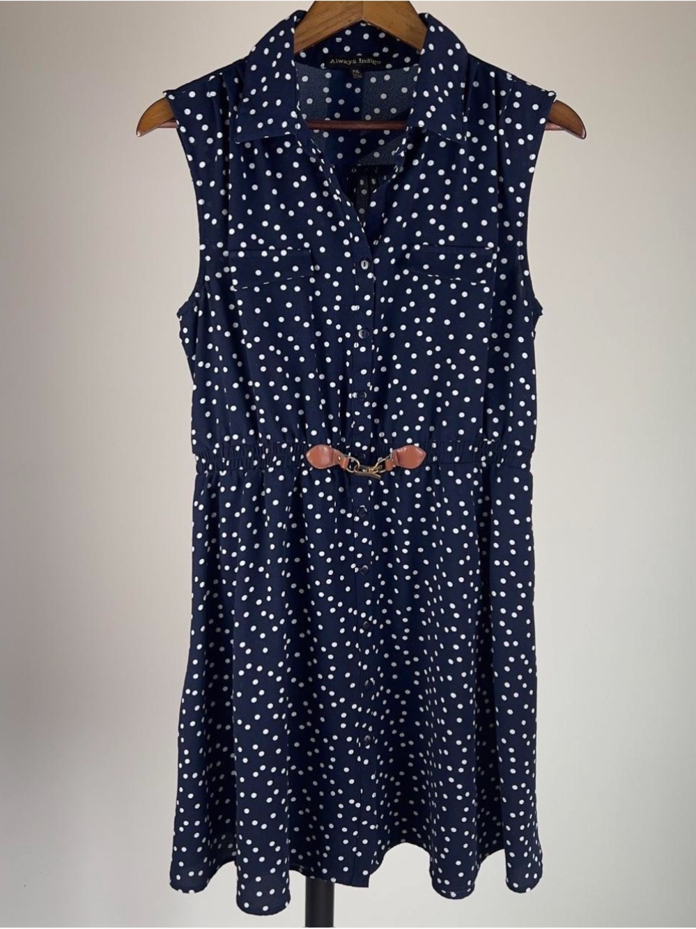Always Indigo Navy Blue Polka Dot Sleeveless Shirtdress